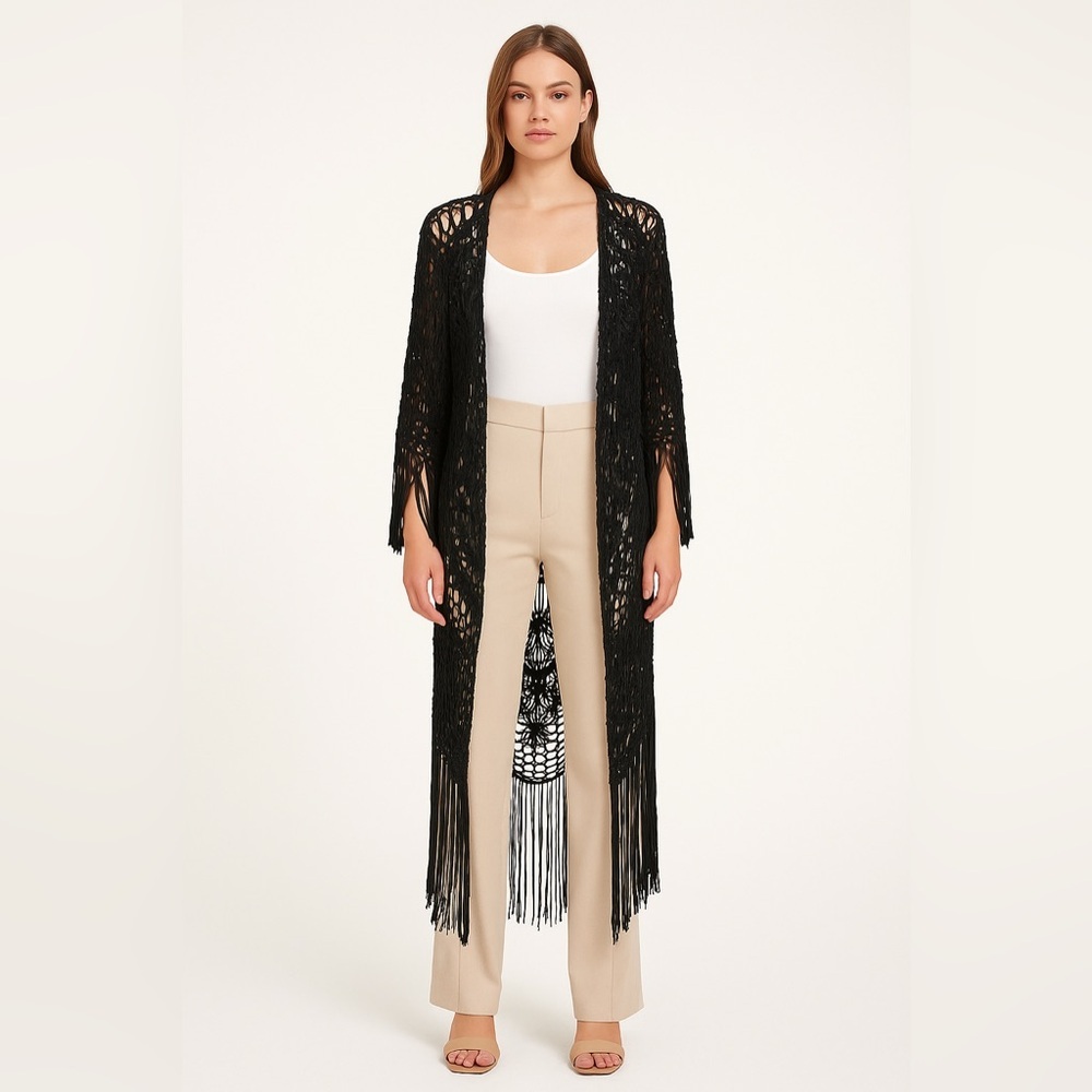 LAMARQUE Black Macramé Fringe Duster | Boho Open-Knit Long Cardigan | Size S